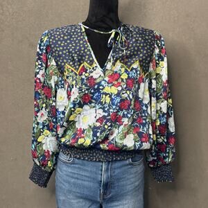 Vintage 80s Indigo Lites Mixed Print Floral Smocked Blouse OSFA Made Korea